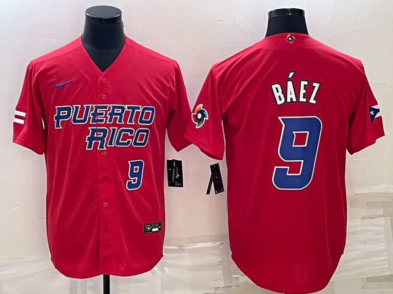 Men 2023 World Cub 9 Baez Red Nike MLB Jersey4